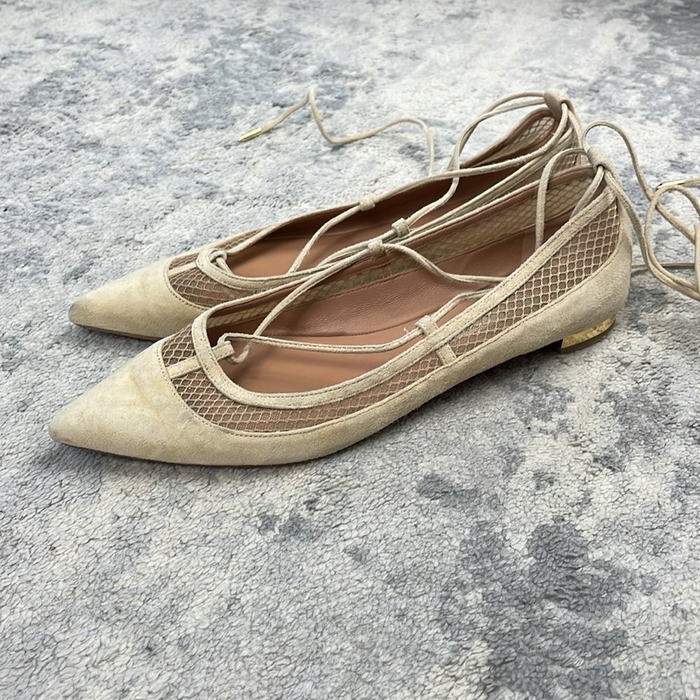 Aquazzura Dalia Pointed Toe Wrap Around Ballet Flats Cream Suede Mesh Sz 37 - Picture 7 of 14